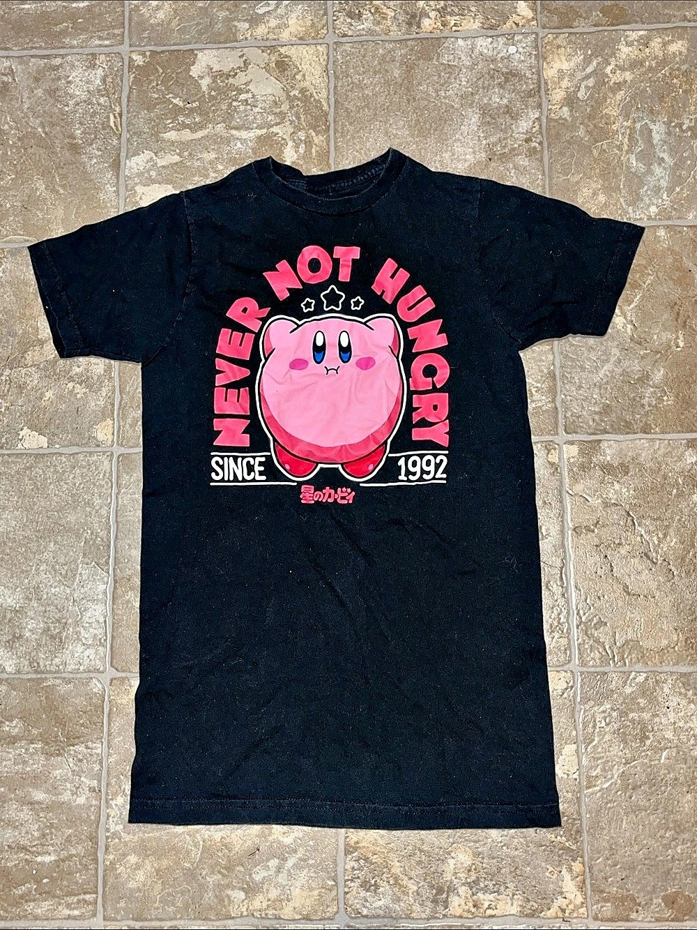 Kirby Never Hungry Kirby Graphic Tee in Black & Pink Size Small